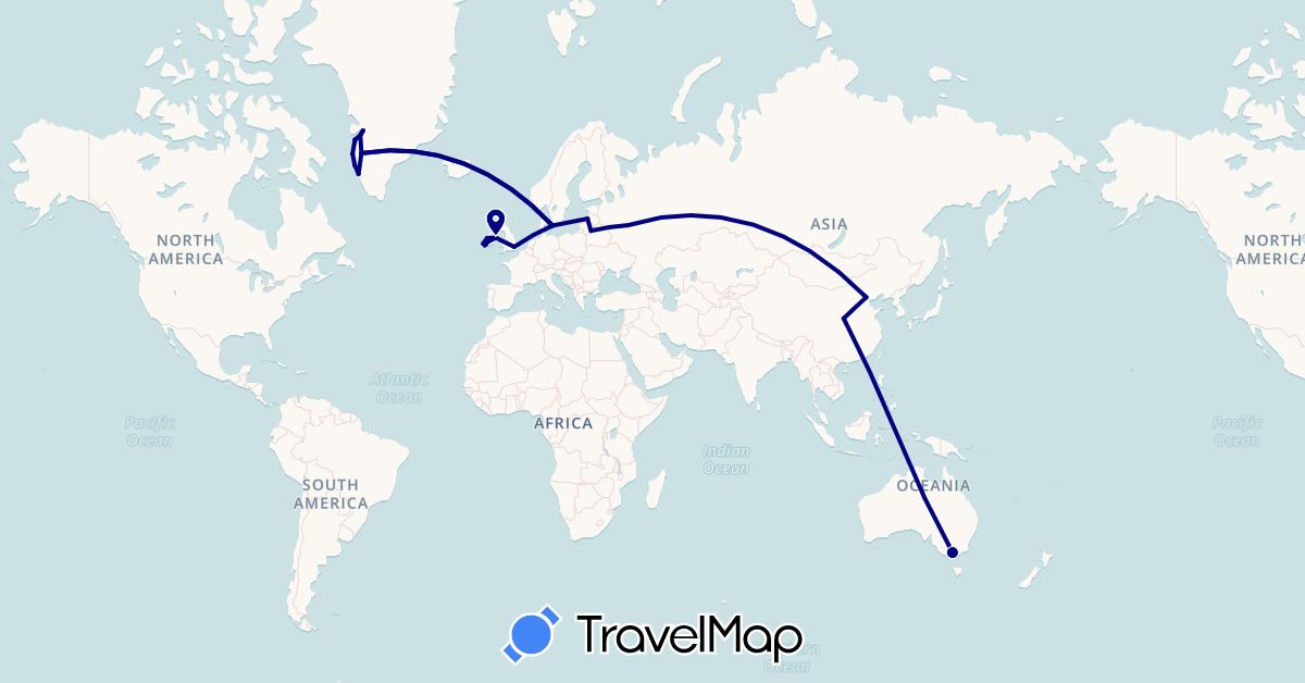 TravelMap itinerary: driving in Australia, China, Denmark, United Kingdom, Greenland, Ireland, Lithuania, Latvia, Russia (Asia, Europe, North America, Oceania)
